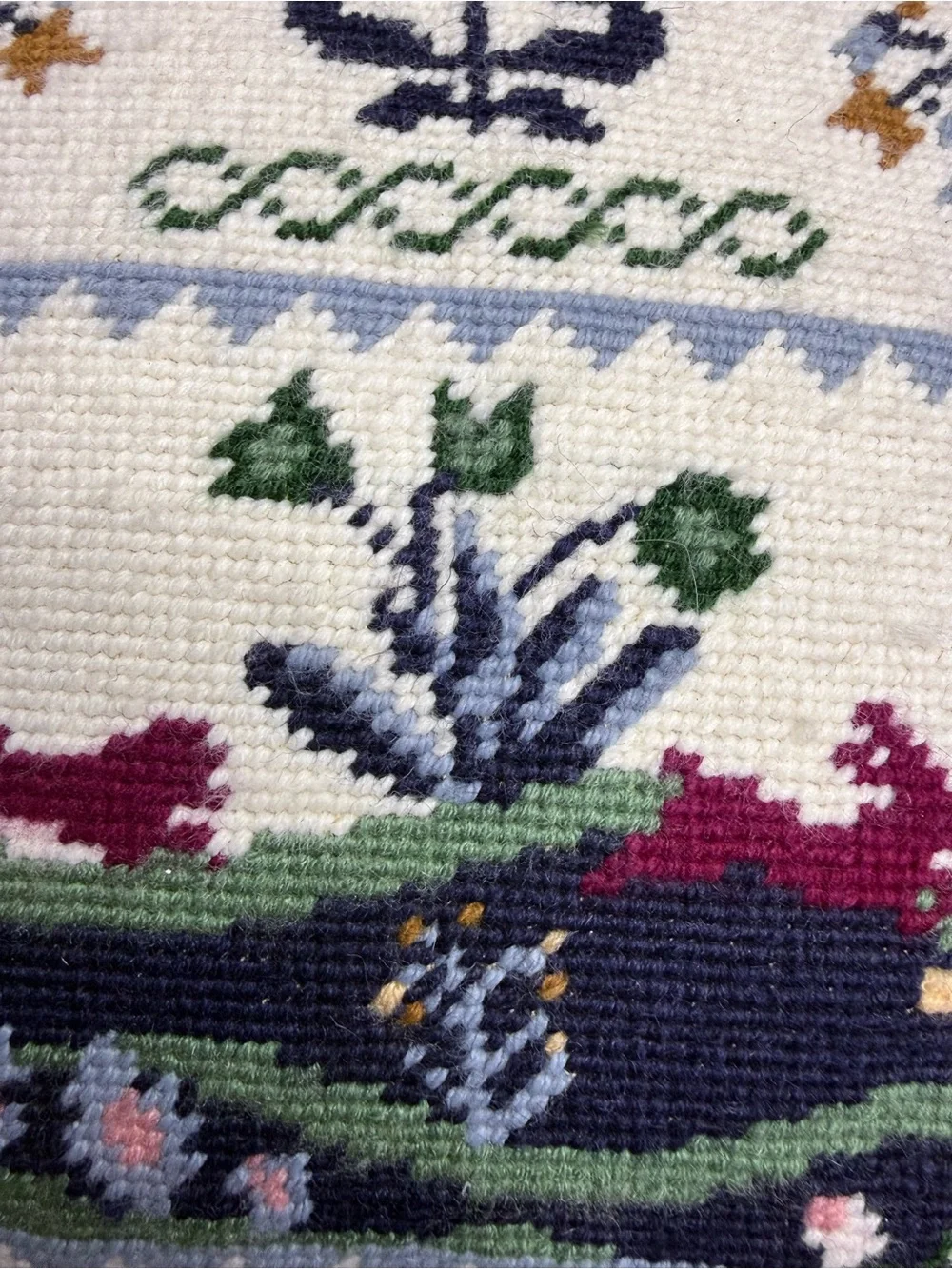 Vintage Needlepoint Pillow 13x13 Blue Birds Alphabet Sampler Velvet Back